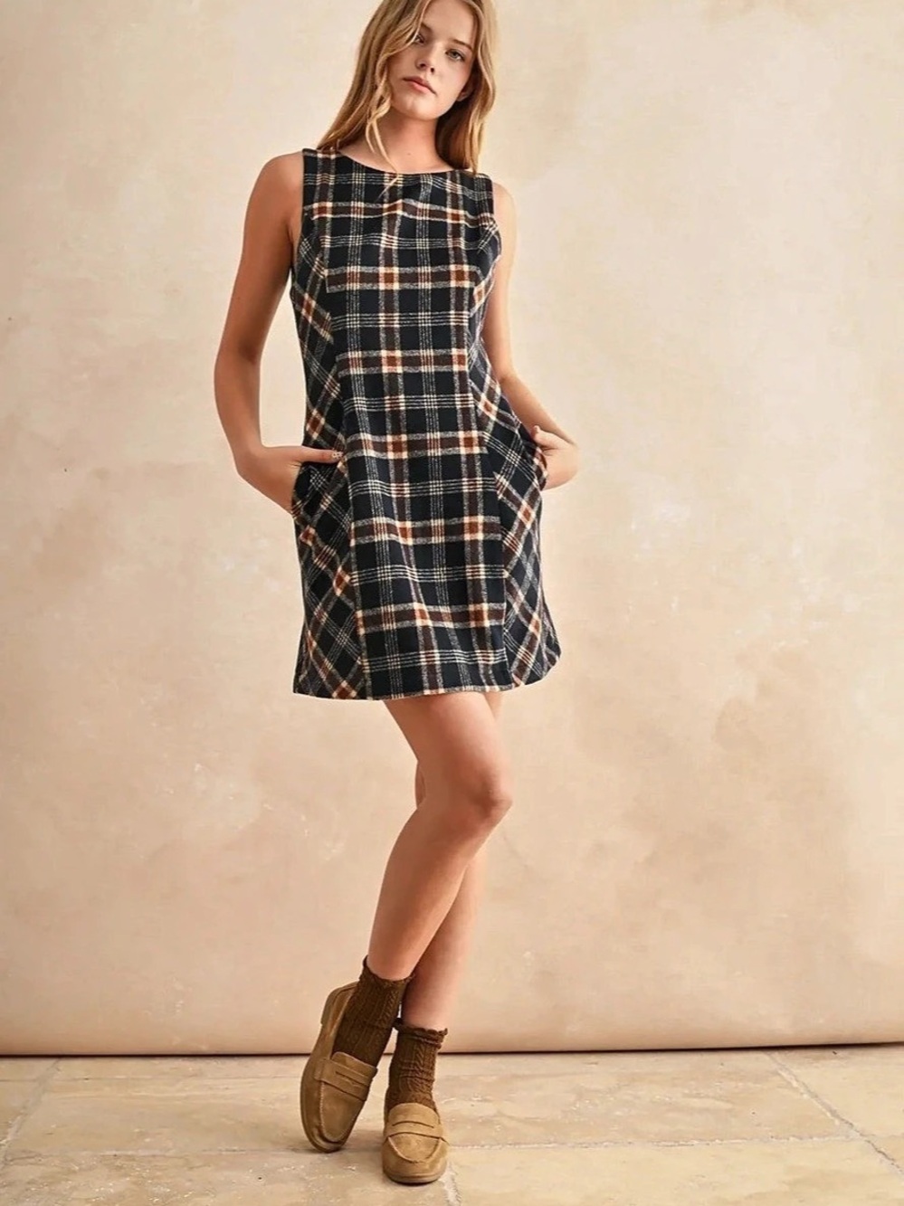 Miou Mus Plaid Mini Dress Black & Brown